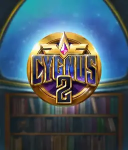 Experience the magical visuals of ELK Studios' Cygnus 2 Slot, featuring a stunning golden emblem with a vibrant color scheme. Set against a mystical library backdrop, this graphic conjures the essence of adventure and mystery. 