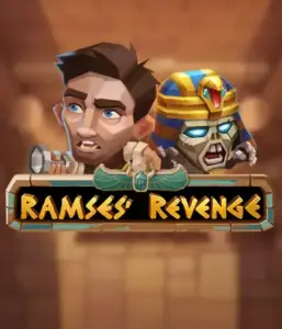 Uncover the mysterious world of the Ramses' Revenge game by Relax Gaming, showcasing a frightened explorer and a terrifying mummy amid an Egyptian tomb backdrop. This graphic depicts the adventure of ancient Egyptian myths, perfect for those interested in historical adventures, providing a captivating escape. 